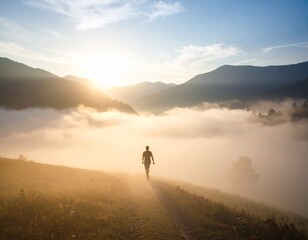 A lone figure walks along a path through a misty valley towards the rising sun, with mountains in the background.