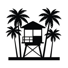 Obraz premium lifeguard tower with tropical palm trees vector silhouette