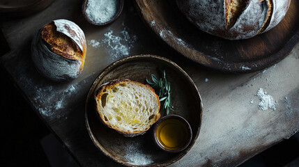 Rustic flat lay with freshly baked bread and crispy crust on a wooden table set for a cozy meal
