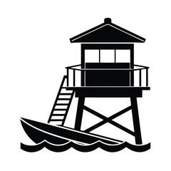 lifeguard tower and rescue boat vector silhouette