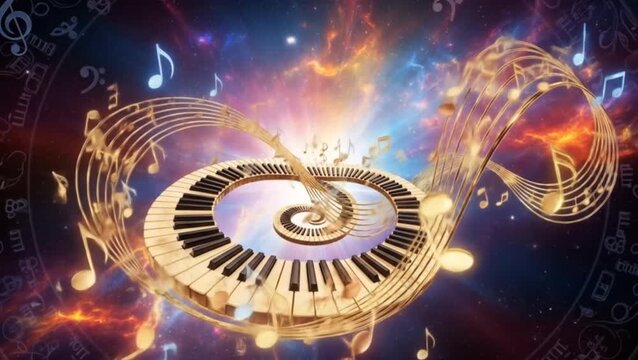 Spiral piano keyboard flowing with golden music notes in cosmic galaxy background filled with glowing light and energy. Music and fantasy concept