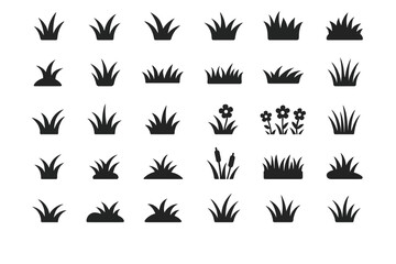 A collection of solid black icons for grass, nature, and outdoors