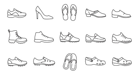 Obraz premium Collection of minimalist black and white line art illustrations of different shoe styles