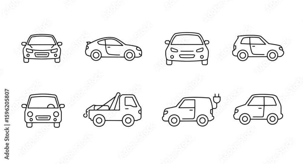 Poster collection of outlined car icons depicting different vehicle types and styles for design projects