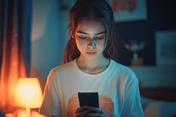 Young teenage girl scrolling through her smartphone in her room, engaging with technology during her leisure time at home, Generative AI