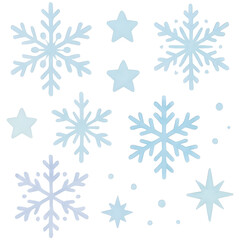 Fototapeta premium Watercolor snowflakes and stars clipart set, icy pastel hues