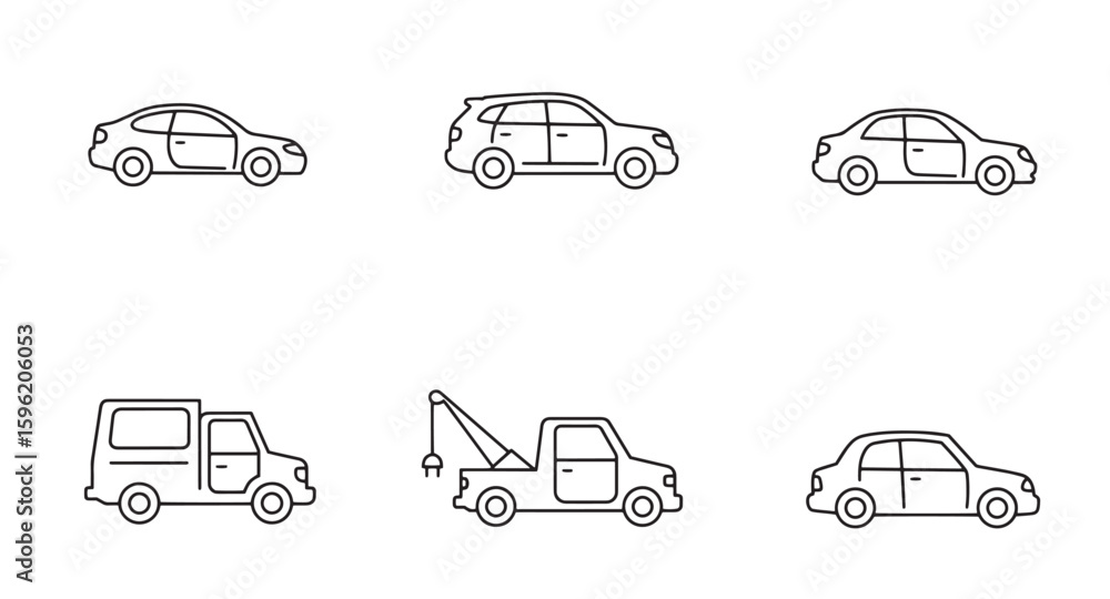 Poster collection of simple black and white car icons representing different vehicle types for design
