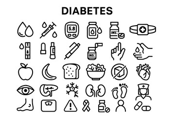 Naklejka premium A collection of solid black icons for diabetes and health conditions