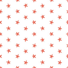 Seamless pattern with red starfish. Simple ocean-themed background. Perfect for summer projects, fabric and textile, beach decor, wrapping paper, packaging, wallpaper, or stationery.