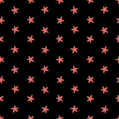 Seamless pattern with red starfish. Simple ocean-themed background. Perfect for summer projects, fabric and textile, beach decor, wrapping paper, packaging, wallpaper, or stationery.