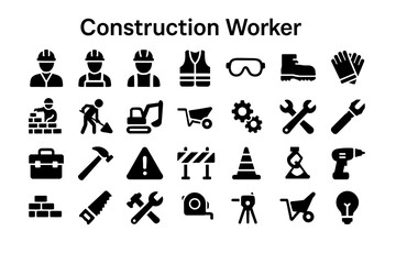 A collection of solid black icons for construction workers and labor