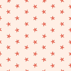 Seamless pattern with red starfish. Simple ocean-themed background. Perfect for summer projects, fabric and textile, beach decor, wrapping paper, packaging, wallpaper, or stationery.