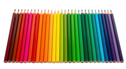 Row of rainbow colored pencils arranged in color order for art class on transparent background