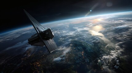 Obraz premium Side view of an ultra-high-definition satellite with dynamic geometry, gliding over the Earth’s visible landmasses, showing accurate light occlusion in each structural fold 