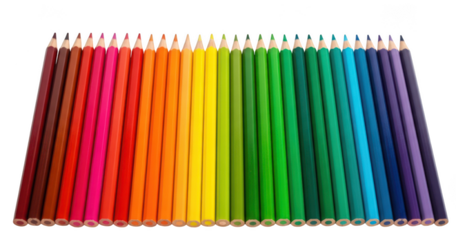 Row of rainbow colored pencils arranged in color order for art class on transparent background