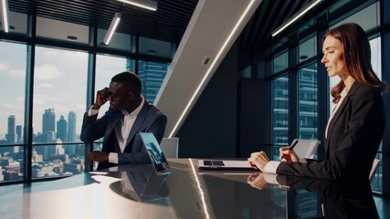 Two Professionals Engaging in a Productive Meeting in a Modern Conference Room Ideal for Business Presentations, Empowering Women Campaigns, and Digital Marketing Efforts, Offering an Aura.