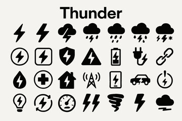 A collection of solid black icons for thunder, storms, and weather