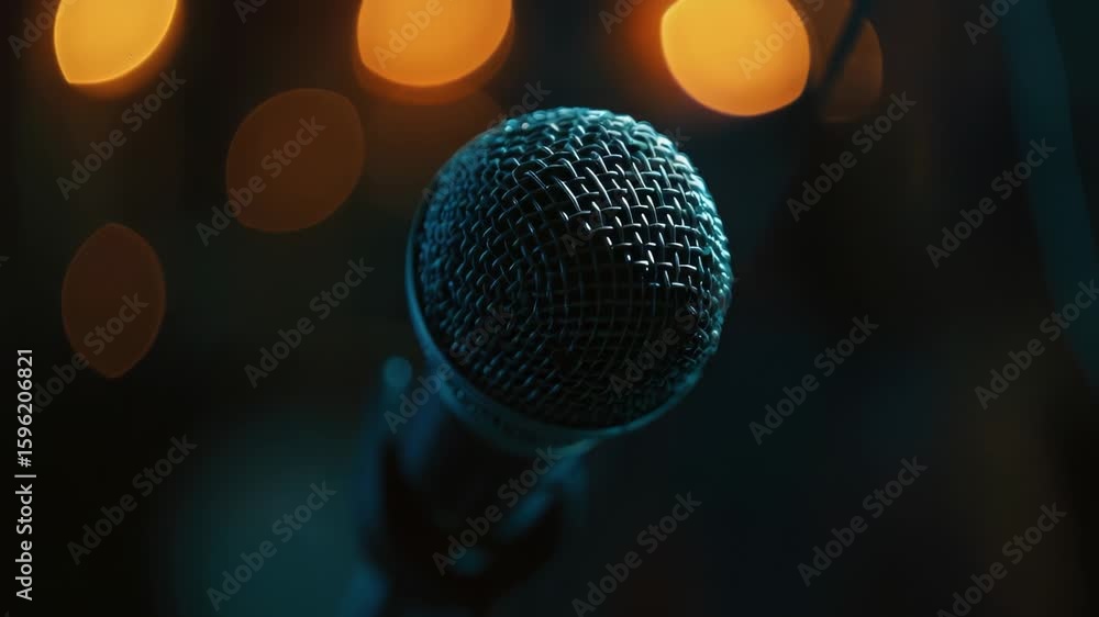Aufkleber a close-up shot of a microphone with colorful lights in the background, suitable for use in music or