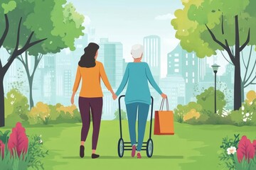 Caregiver helping a senior woman on a walk with a walker in a park, carrying a shopping bag, promoting active senior living and the importance of mobility support, Generative AI