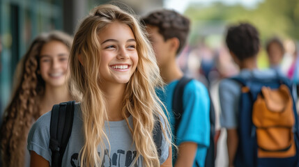Fototapeta premium students happily greeting each other on the first day of school