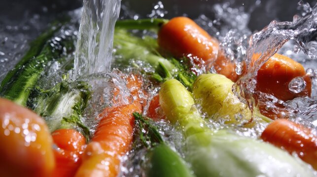 Close-up of a bunch of fresh vegetables being washed in a sink. the vegetables are orange and green in color and appear to be carrots, celery, and onions.