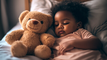 Sleepy Black toddler stretches in bed next to stuffed bear during a sunny morning