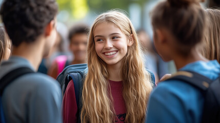 Fototapeta premium students happily greeting each other on the first day of school