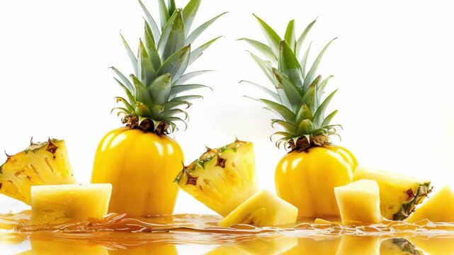 Fresh pineapples jumping into the water, creating a splash