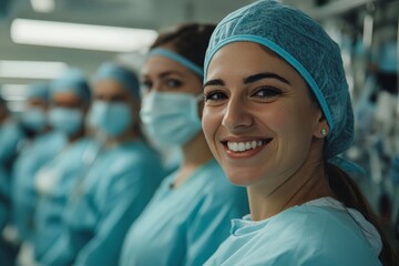 Portrait of happy doctors, nurses, and other medical staff in a hospital, showcasing teamwork, compassion, and dedication in the healthcare profession, Generative AI