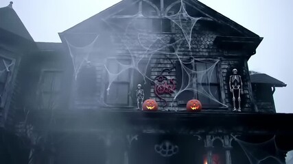 Spooky Halloween decorations on an old haunted house with fog, skeletons, and pumpkins