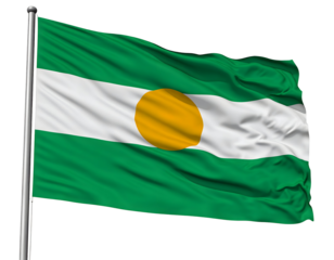 A striking green, white, and orange flag with a prominent central circle unfurls dynamically on a pole.