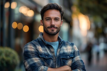 Portrait of a handsome man standing outdoors, looking confidently at the camera, exuding a sense of strength and character, Generative AI