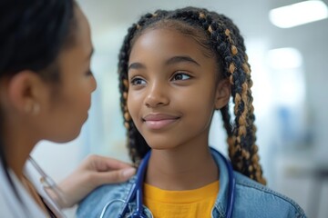 Doctor examining the lymph nodes on the neck of a teenage girl, performing a palpation as part of a preventive health care check-up for adolescents, Generative AI