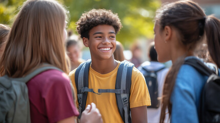 students happily greeting each other on the first day of school
