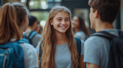 Fototapeta premium students happily greeting each other on the first day of school