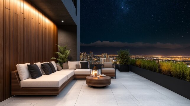 City View Balcony Modern Outdoor Living with Sofa, Wood Wall and Starry Night, balcony ,nightscape