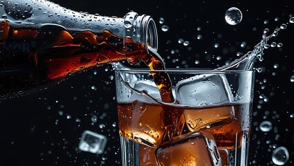 Cola is poured into a glass filled with ice cubes, creating a refreshing splash