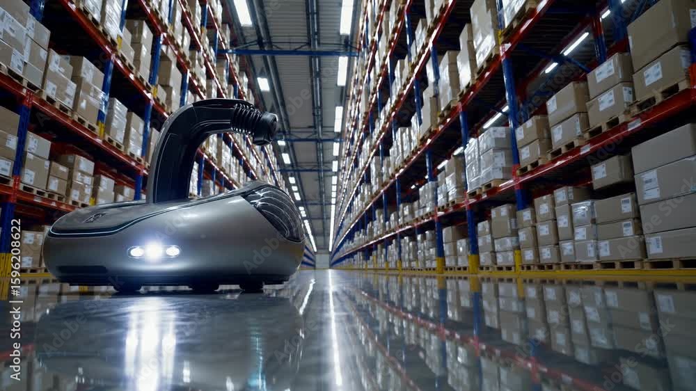 Poster arafed robot navigating a dynamic warehouse scene perfect for business projects, innovation highligh
