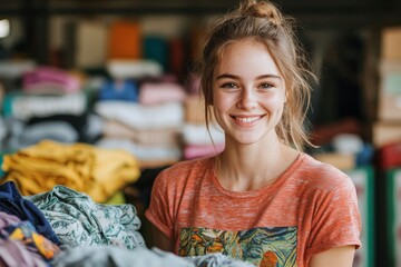 Young woman donating her clothes to charity, illustrating the importance of giving and supporting those in need through acts of kindness, Generative AI