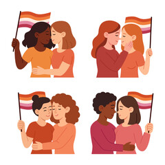 Set couple lesbian girls hugging. LGBTQ pride month, lesbian flag.