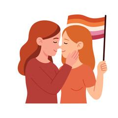 Couple lesbian girls hugging. LGBTQ pride month, lesbian flag.