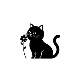 Obraz premium Black cat with a flower standing in white background silhouette