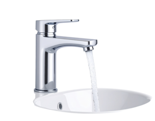 Modern Water Tap Faucet with Flowing Water in Bathroom Sink 