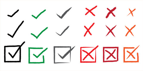 Hand-drawn check marks and cross marks in various colors with crayon texture. Includes checked boxes and empty checkboxes in black, green, red, and orange.