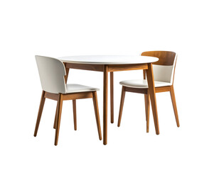 A modern round dining table with two elegant chairs offers a stylish and inviting space for intimate meals.