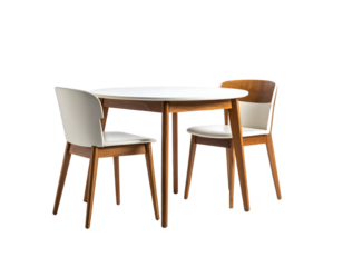 A modern round dining table with two elegant chairs offers a stylish and inviting space for intimate meals.