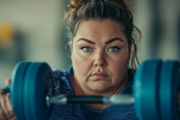 Overweight woman exercising in a gym, using dumbbells under the guidance of a personal trainer, focusing on physical fitness and health improvement, Generative AI