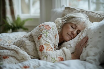 Senior woman peacefully sleeping in her bed alone, reflecting the need for rest and solitude in the comfort of a personal living space, Generative AI