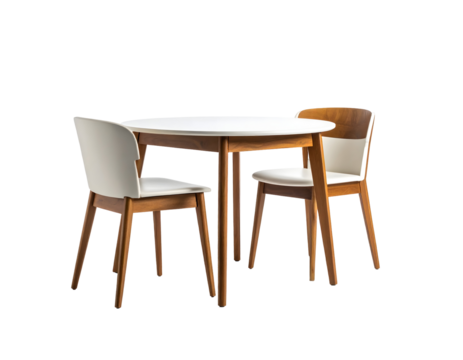 A modern round dining table with two elegant chairs offers a stylish and inviting space for intimate meals.