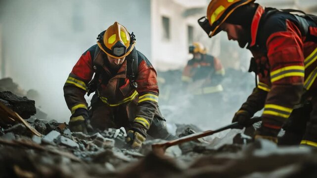 Experienced firefighters carefully sifting through earthquake damaged urban landscape, systematically searching collapsed structures for potential survivors during massive rescue operation